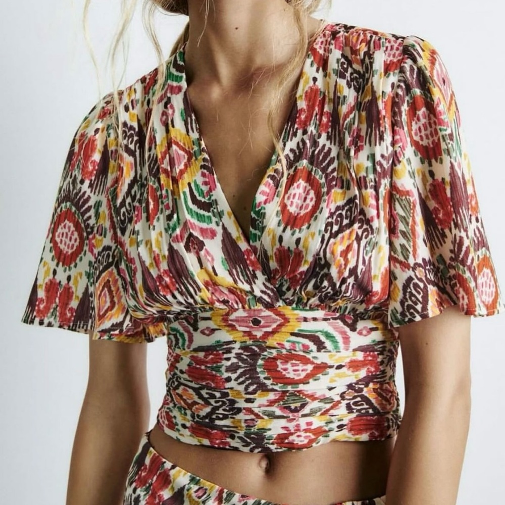 ZARA Ikat Print Puff Sleeve Crop Top - Size M NWT - Picture 1 of 12